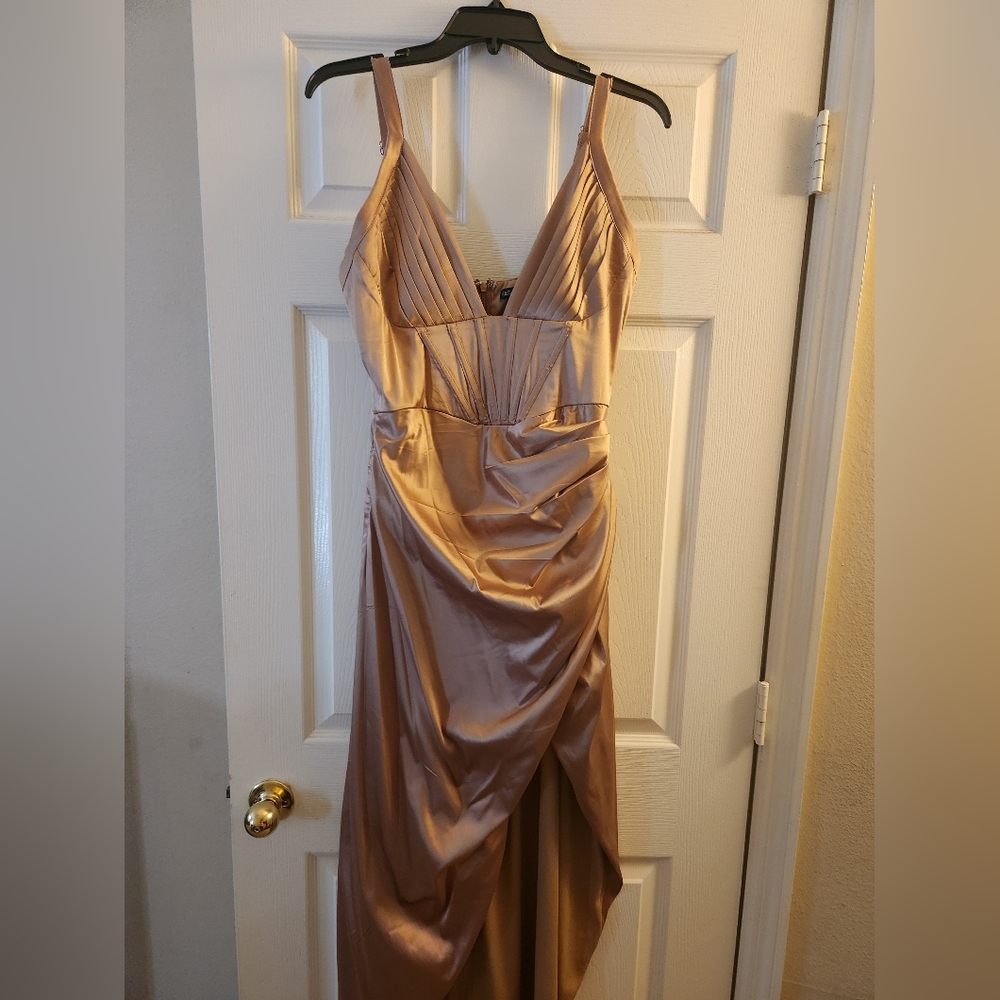Fashion Nova Gold Ruched Slit Gown